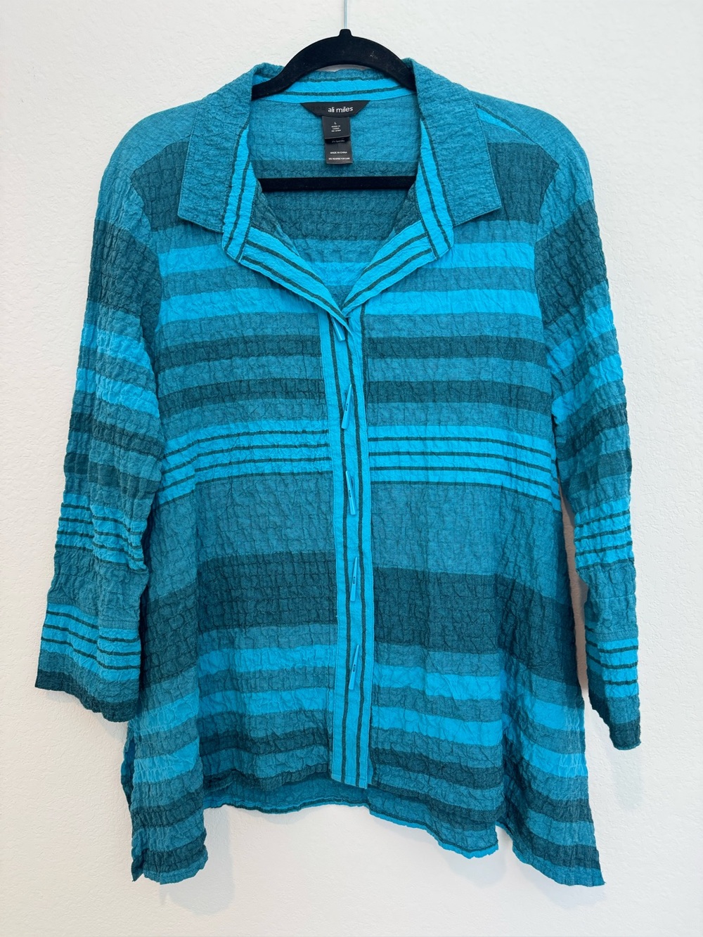 Ali Miles Turquoise Striped Button Front Cotton Stretch Long Sleeve Top